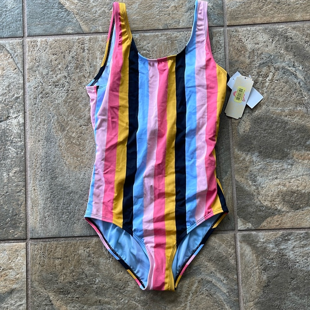 One piece maillot style swimsuit.